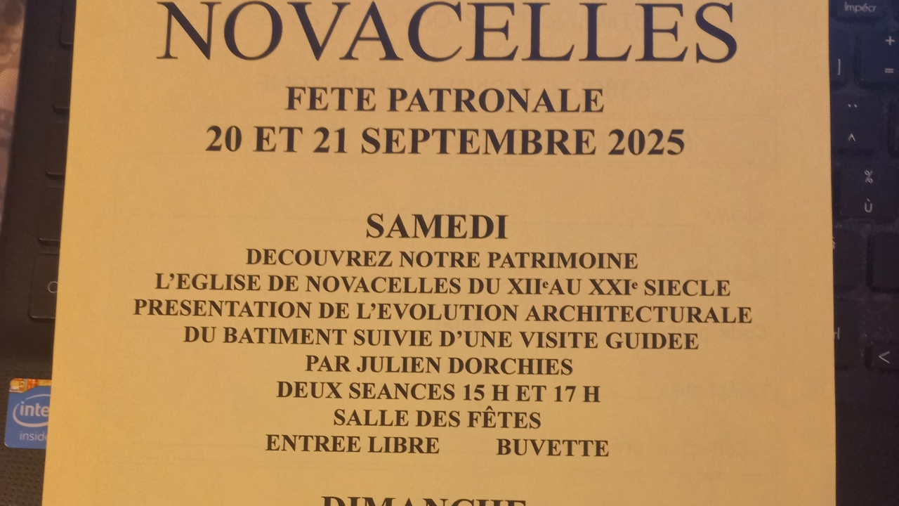 Journée patrimoine et fête patronnale le 20 et 21 septembre 2025 à NOVACELLES Journée patrimoine et fête patronnale le 20 et 21 septembre 2025 à NOVACELLES